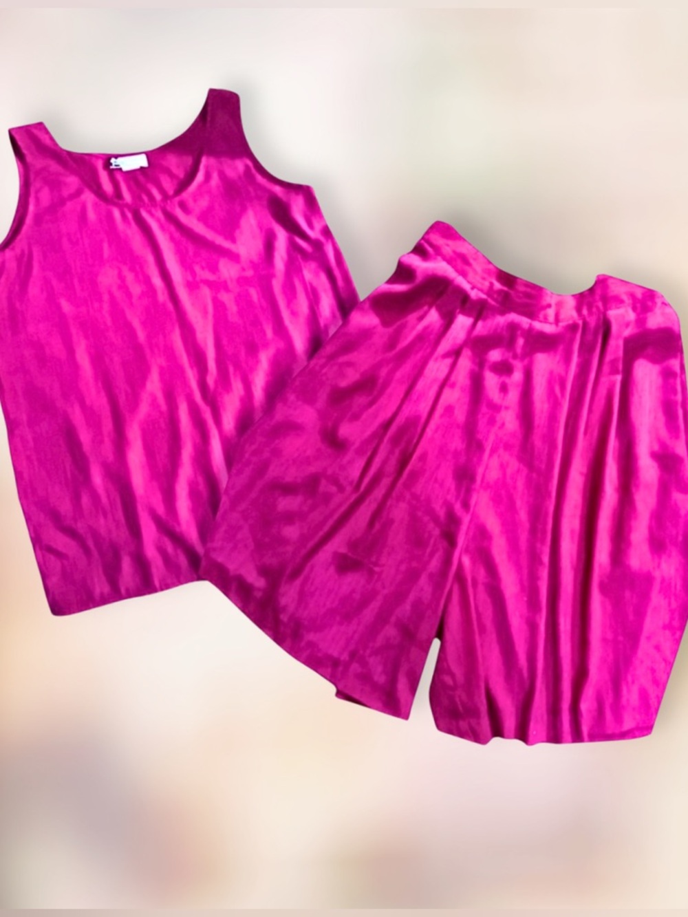 VINTAGE TANK TOP & CULOTTES SET Minimalist Washed Sanded Silk Barbie Pink SZ M&S